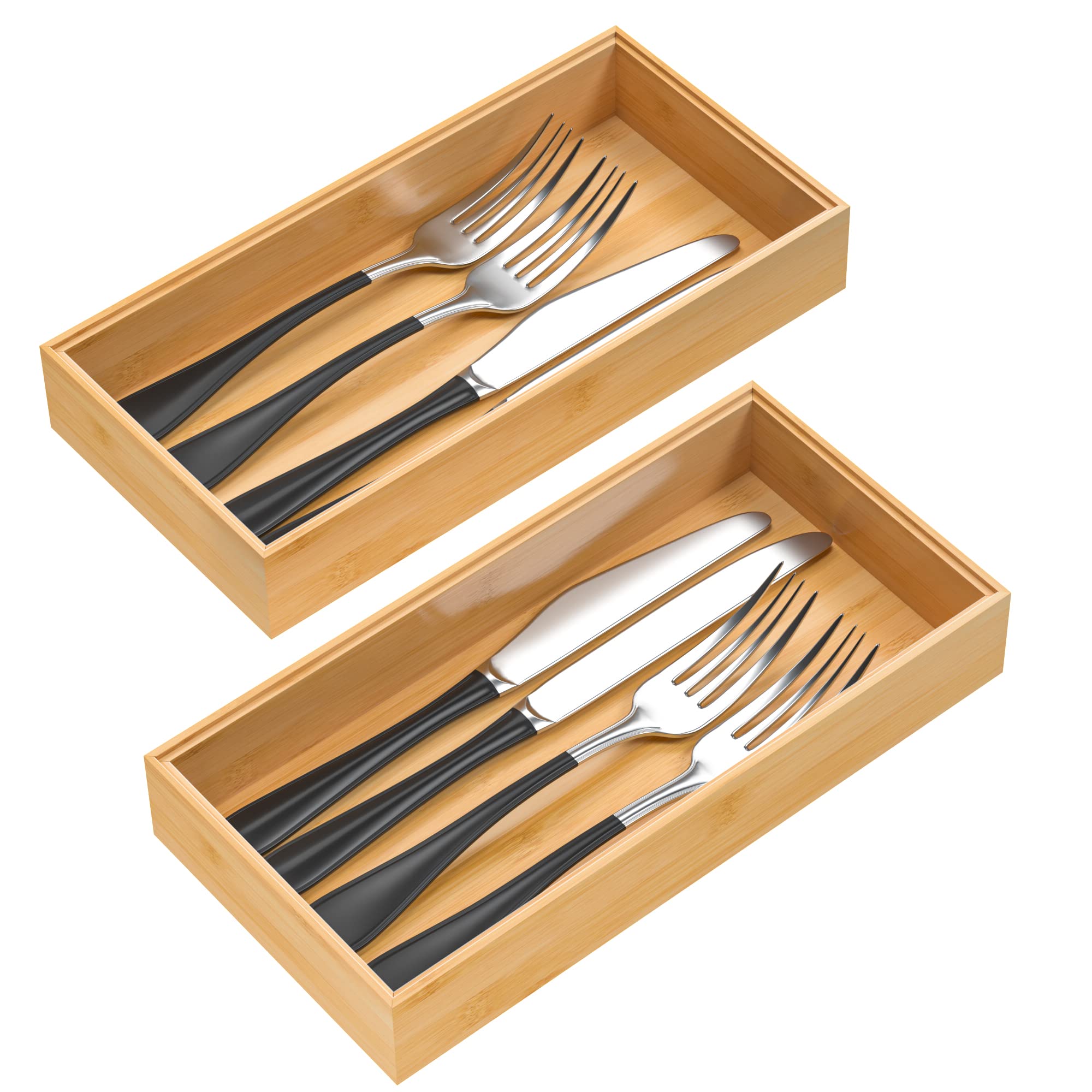 Photo 1 of VeyFey Silverware Tray for Drawer, Stackable Kitchen Bamboo Drawer Organizer 12" x 6" x 2" Set of 2