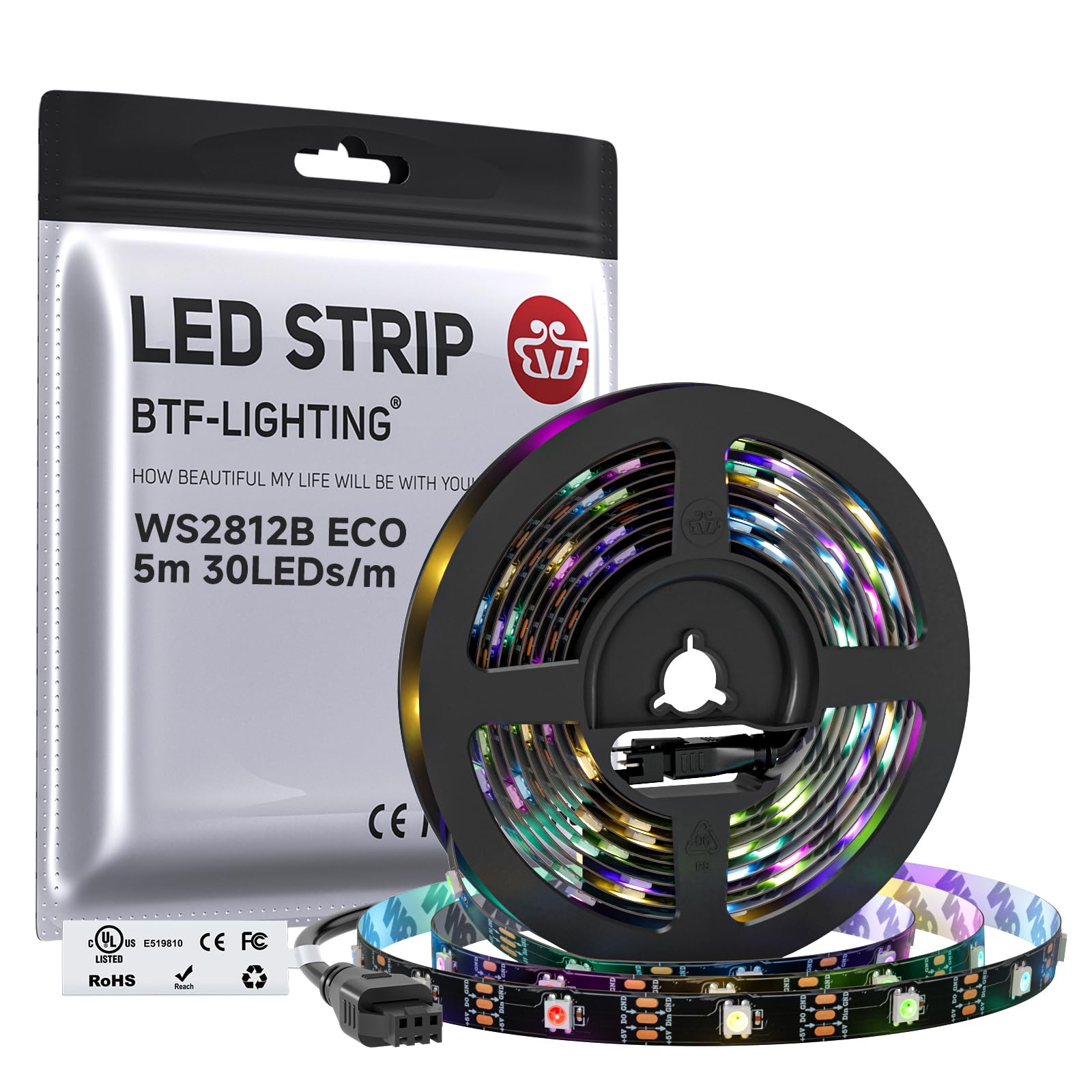 BTF-LIGHTING WS2812E ECO RGB Alloy Wires 5050SMD Individual Addressable 16.4FT 30Pixels/m 150Pixels Flexible Black PCB Full Color LED Pixel Strip Dream Color IP30 Non-Waterproof DIY Projects Only DC5V