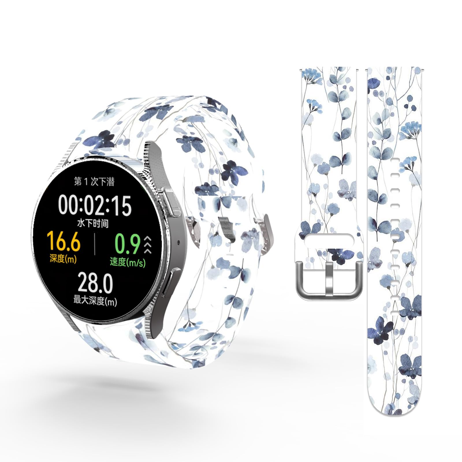 20mm Blue Flowers Sport Band Compatible with Samsung Galaxy Watch 6 5 4 40mm 44mm/ Watch 6 Classic 43mm 47mm/ Watch 5 Pro 45mm/ Watch 3/ Active 2, Silicone Replacement Strap
