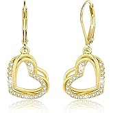 925 Sterling Silver Heart Earrings for Women, 14K Gold Plated Cubic Zirconia Dangle Earrings, Leverback Hypoallergenic Drop Earings for Women, Valentine's Day Gifts