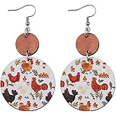 Creative Funny Hen Chicken Wave-Dot Wooden Dangle Earrings Cute Kawaii Animal Turkey Rooster Farm Design Earrings for Women Lightweight Hypoallergenic Fashion Charm Jewelry Gifts