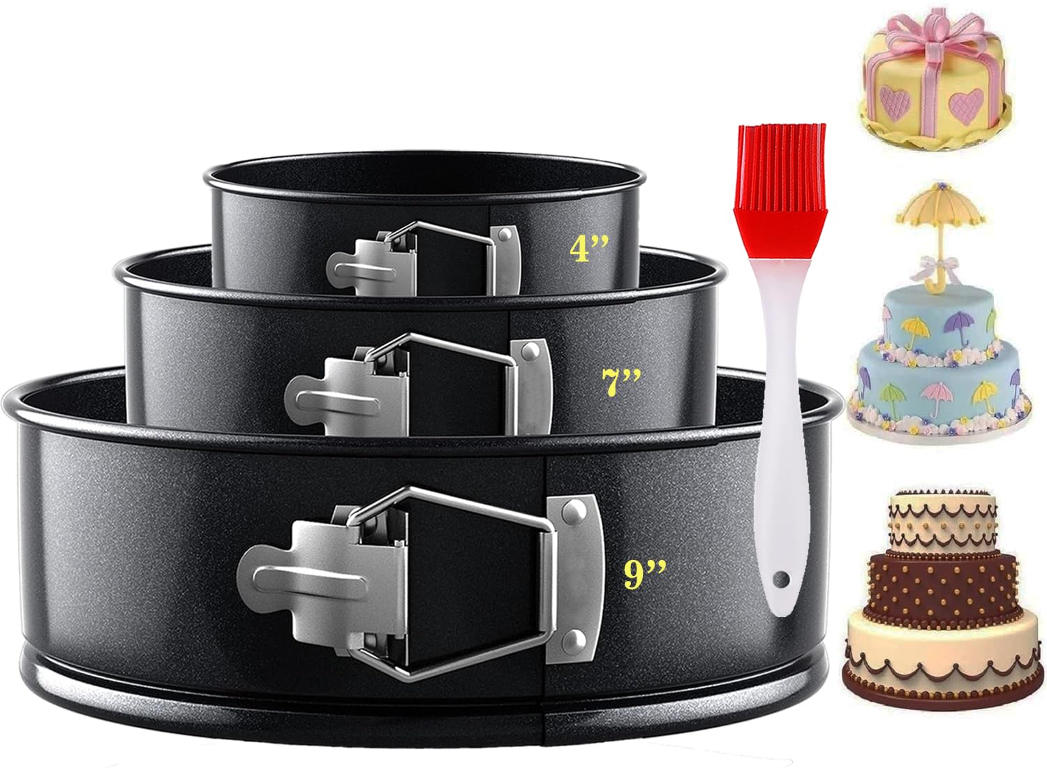 PAPA'S MALL 4 Pcs Non Stick Cake Tin (4,7,9 Inches) Set, Quick-Release Latch Cake tins for Baking, with 1PC Oil Brush, High Temperature Resistant Cake pan Set