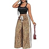 SweatyRocks Women's Y2K Leopard Print Straight Leg Pants Elastic High Waisted Wide Leg Trousers with Pockets