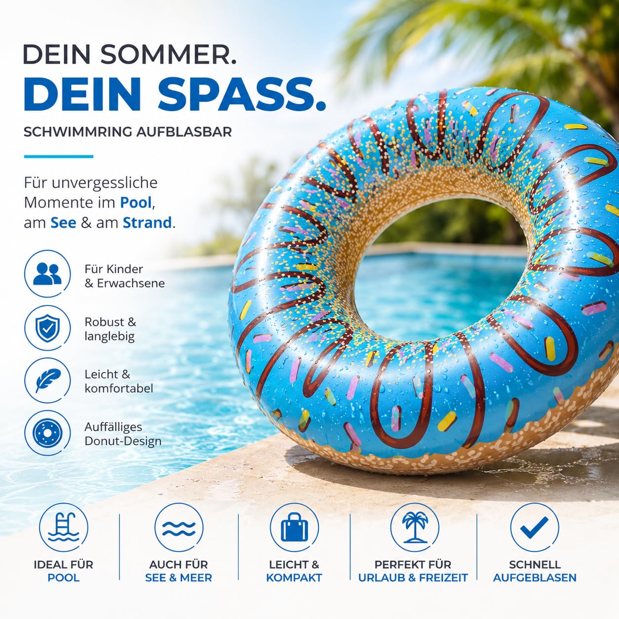 Aufblasbar Donut Schwimmring blau Ø 120 cm mit Biss - Schwimmreifen Pool & Wasser, für Erwachsene & Kinder (Donut blau) 3