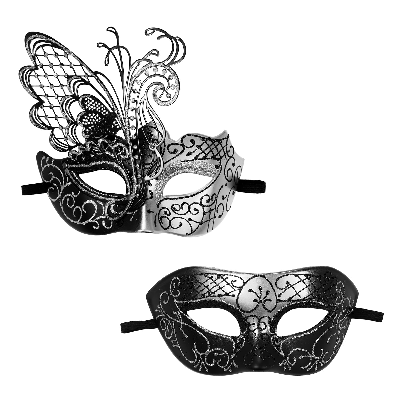 Oidea Masquerade Mask for Couples: Shiny Rhinestones Filigree Butterfly Metal Party Mask Halloween Venetian Costume Prom Ball Mardi Gras Masks Set for Women and Men Silver