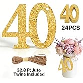 ALISSAR 24PCS Gold 40 Number Tags with 32.8 Ft Jute Twine – 40th Birthday Decorations, 40th Anniversary Party Supplies, Mason Jar Centerpieces, Gift Wrapping & Table Decor Kit