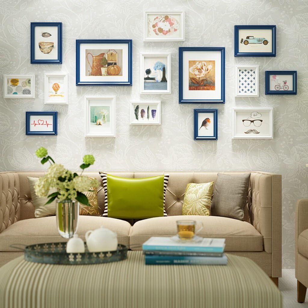 Photo Frames YXGH Wall Wooden Modern Style Home Decoration Hanging Wall (Including Pictures),Set of 15 Collage Frames (Color : Blue+White)