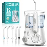 COSLUS E2 Advanced Water Flosser for Teeth: 2 Modes & 12 Pressure Settings Electric Dental Pick for Orthodontic, Braces, Sensitive Gums - Home Use, ​​5 Jet Tips for Multiple Users, Family, White