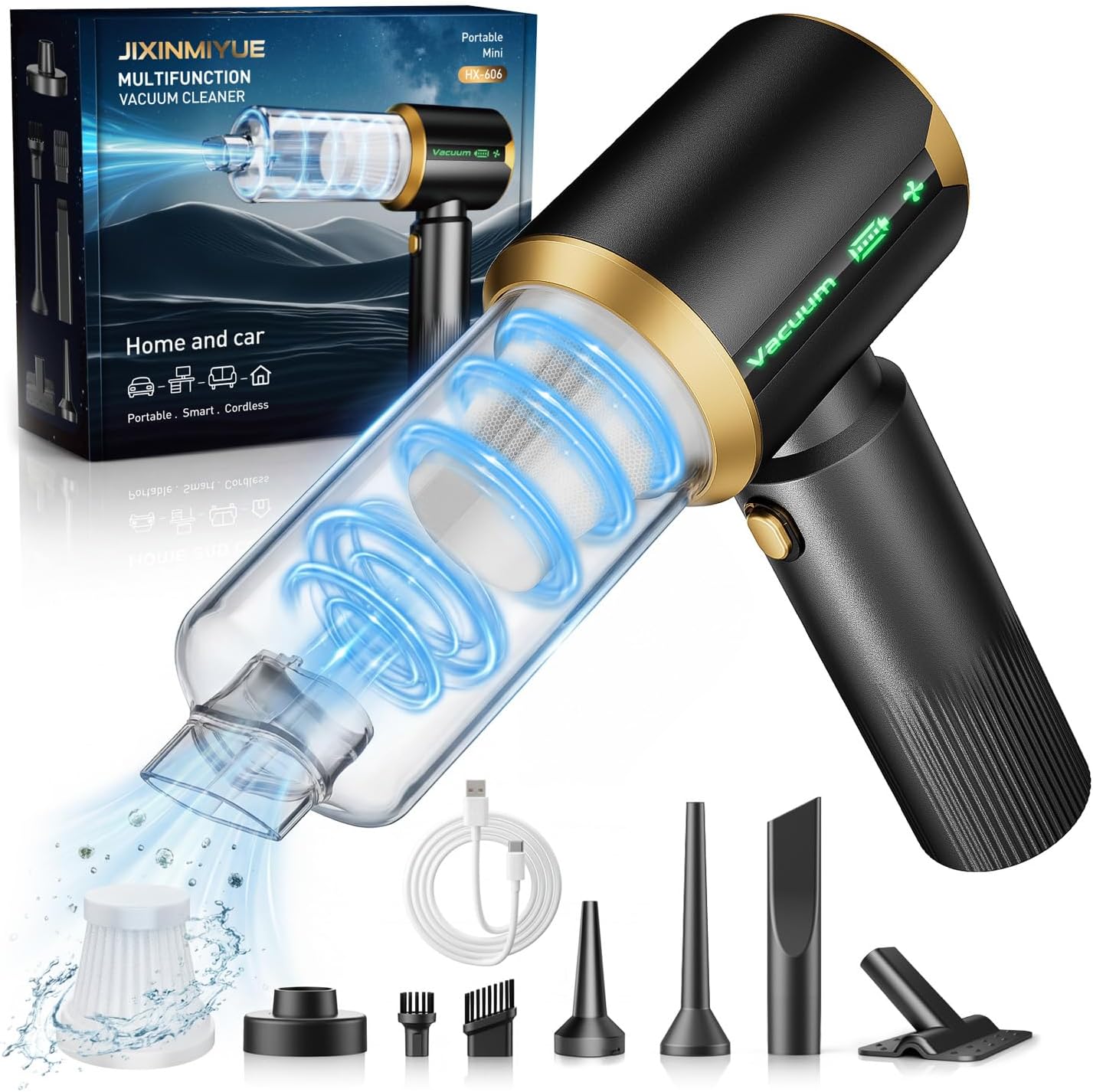 Cordless Car Vacuum Cleaner: Handheld Vacuum with 16000Pa Strong Suction, Brushless Motor & HEPA Filter, 7-in-1 Cleaning Kit, Type-C Charging for Home Office Car Pet - Ashen