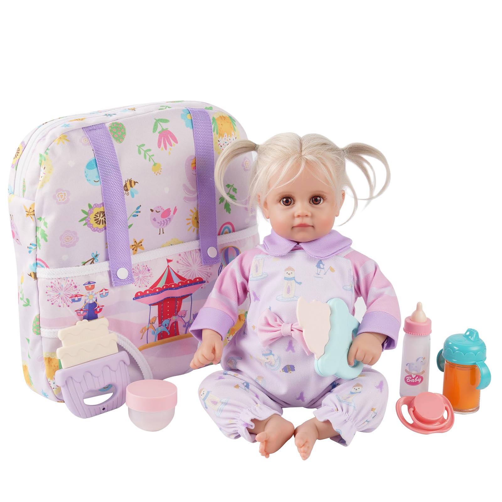 Photo 1 of BABESIDE 9 Pcs Baby Doll Clothes with Baby Doll Backpack Carrier for 12-15 Inch Dolls, Baby Dolls Accessories Set with Doll Bottles Pacifiers and Baby Backpack for Toddler Girls Pretend Play Toys