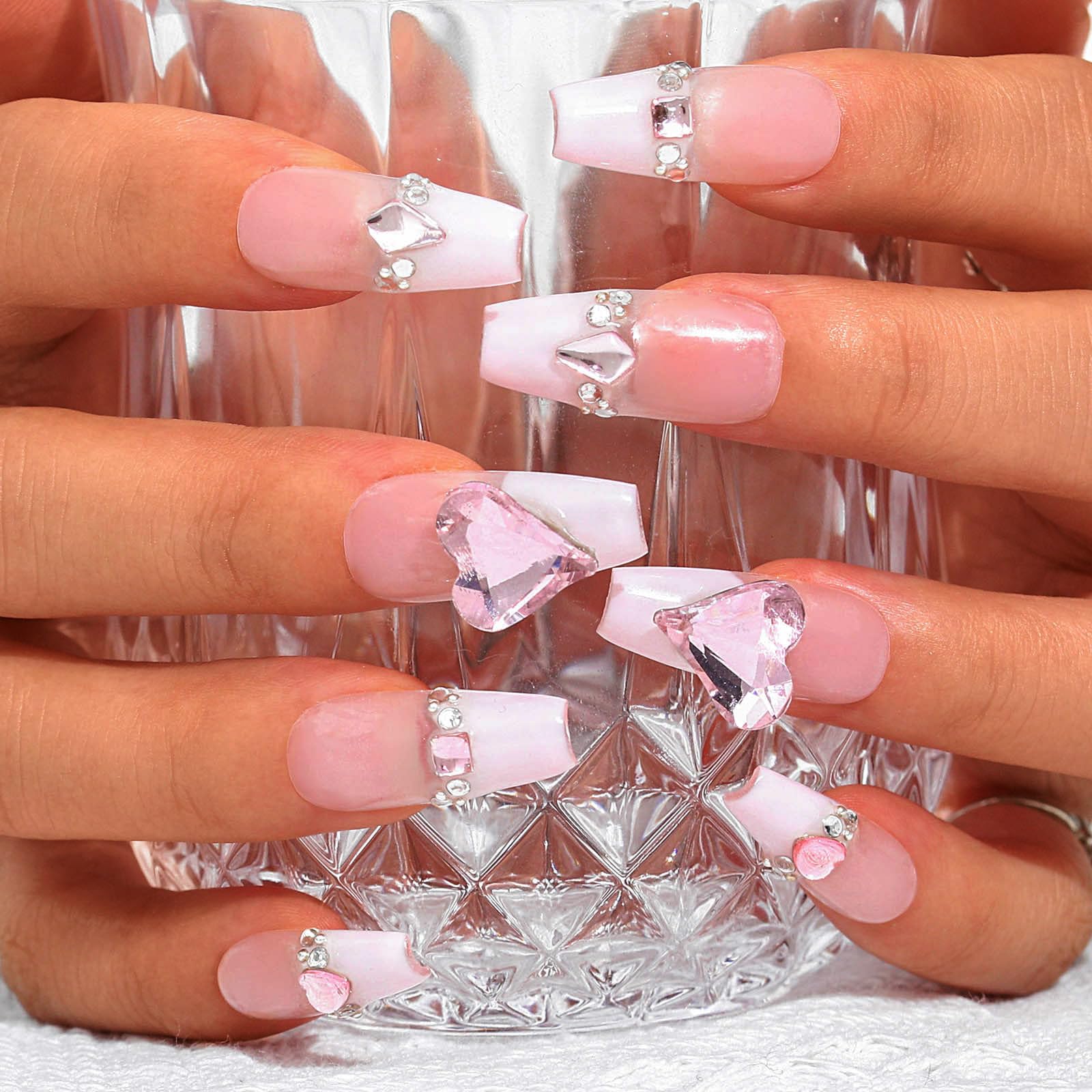 Sethexy French Long Coffin Pink False Nails Handmade Rhinestone Glossy Fake Nails 3D Crystal Love Heart Press On Nails Acrylic Salon Quality Nail Art Removable for Women and Girls(K)