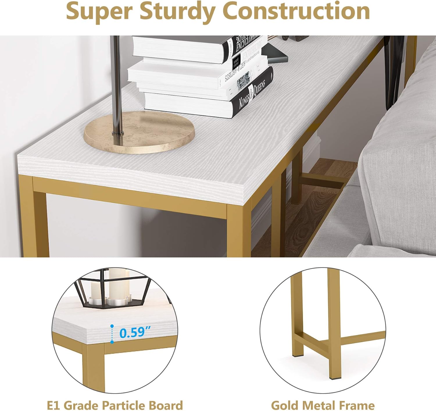 Tribesigns 70.9 inch Extra Long Sofa Table, Gold Console Table Behind Sofa Couch, Narrow Long Entryway Table Industrial Skinny Hallway Table for Living Room (Gold and White): Kitchen & Dining