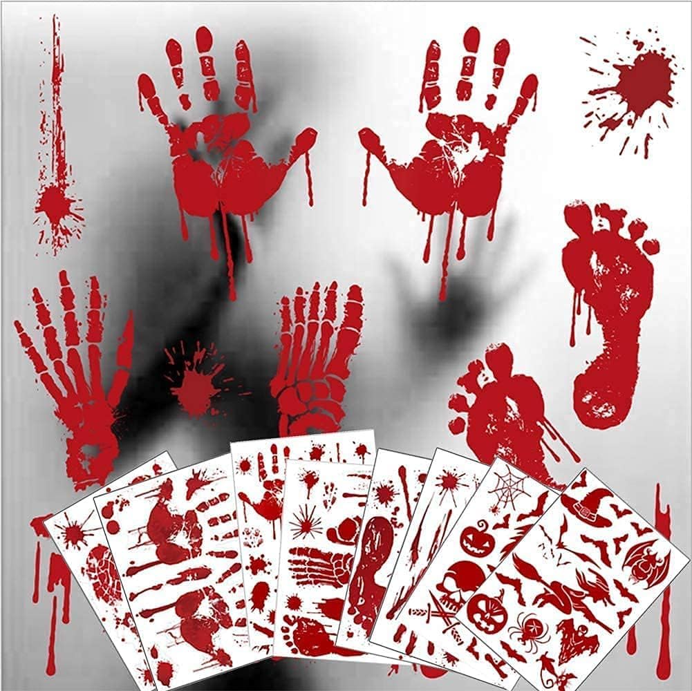 Window Treatments - Halloween Decorations, 8 Sheet/95Pcs Halloween Bloody Handprint Footprint Wall Decal Floor Clings, Horror Handprint Home PVC Halloween Decoration Window Stickers