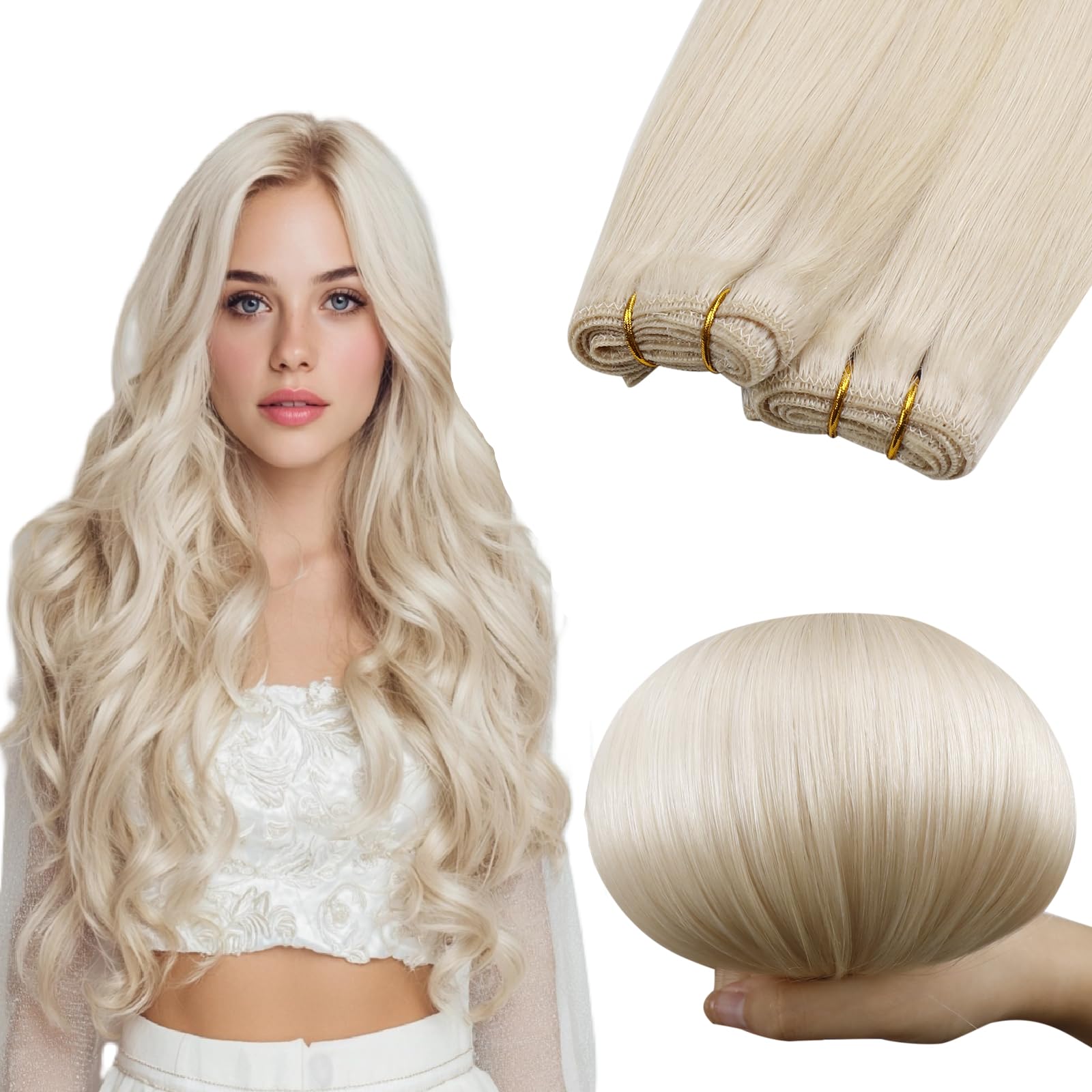 RUNATURE Blonde Weft Hair Extensions Real Human Hair White Blonde Sew in Hair Extensions Human Hair Weft Hair 12 Inch 70 Gram #800 — image 1