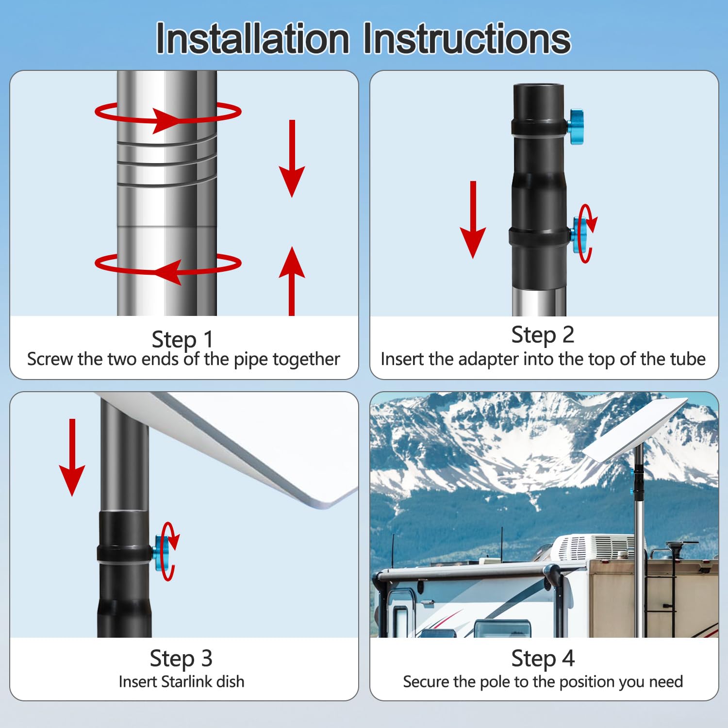 Jangker Starlink Pole Mount - Starlink RV Mount Kit Features A Durable 2 Diameter Pole 8ft Starlink Ground Pole Mount Starlink Pipe Adapter Included