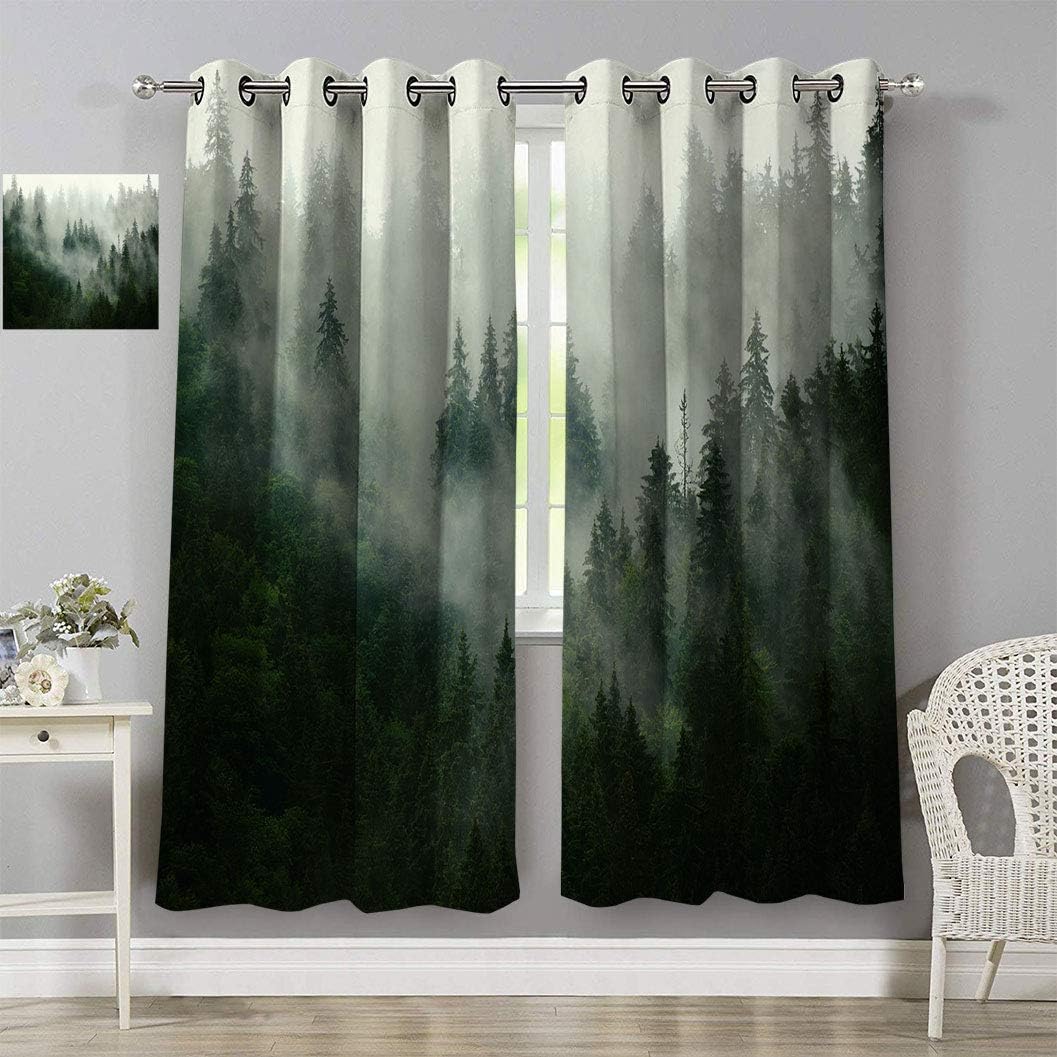 Amazing Nature Printed Grommet Curtain, Green Tree Misty Landscape with