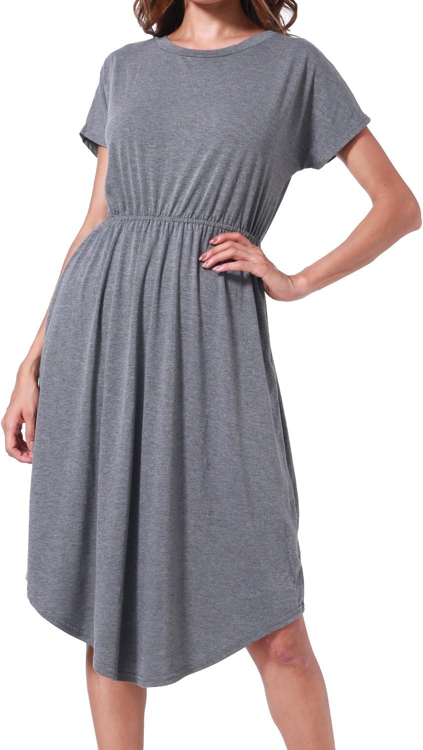 succlace Womens Round Neck Loose Fit Swing Casual Midi Tunic Dress Dark Gray S