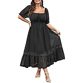 SHESTARR Women's Plus Size Maxi Dress Short Sleeve Square Neck Tie Front Swiss Dot A Line Wedding Guest Dresses