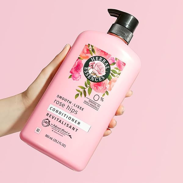 HERBAL ESSENCES CONDITIONER, ROSE HIPS- SMOOTH COLLECTION, SHINY HAIR WITH VITAMIN E & JOJOBA, SAFE FOR COLOR TREATED HAIR, FLORAL SCENT, CRUELTY-FREE, DERMATOLOGIST-TESTED, 29.2 FL OZ