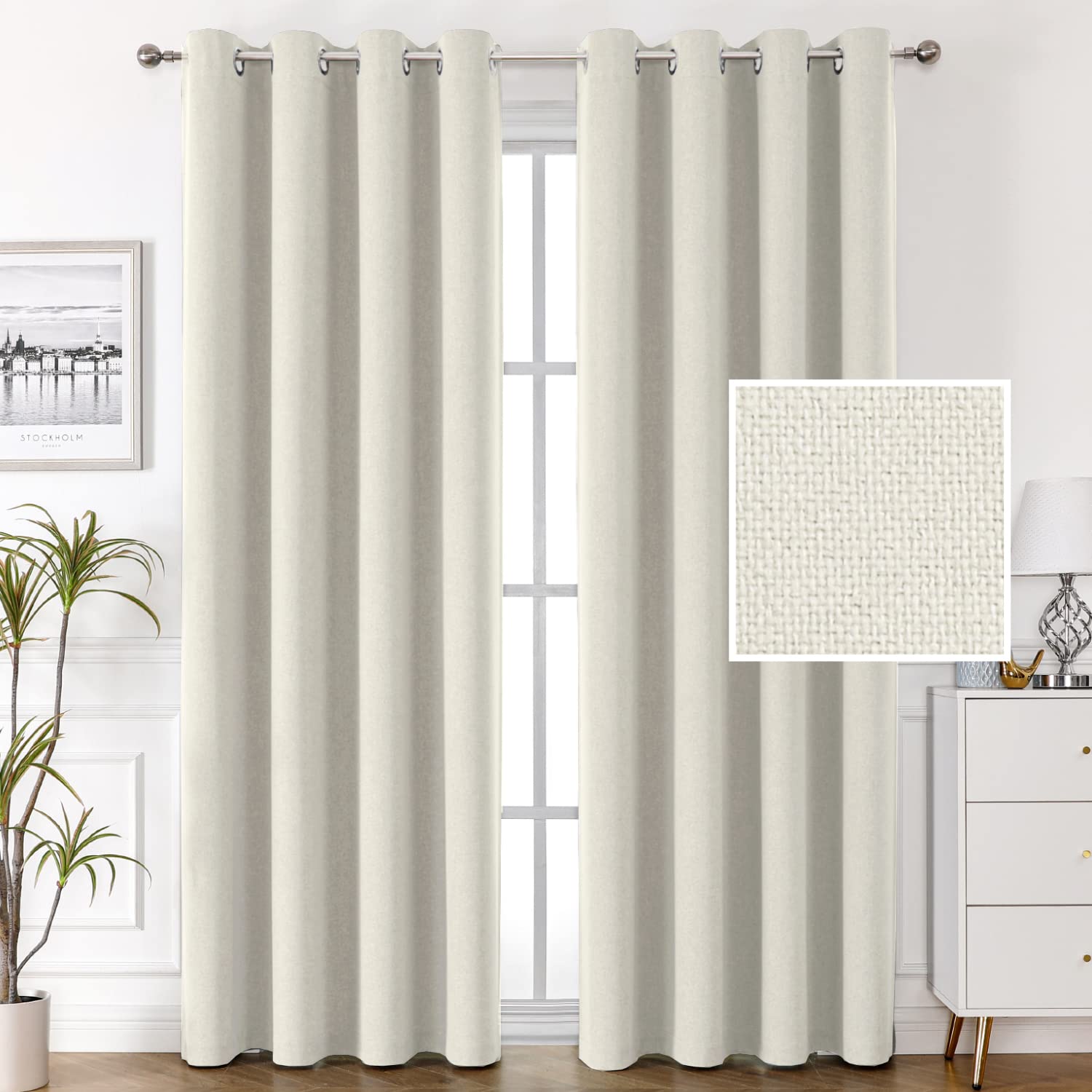 Photo 1 of H.VERSAILTEX 100% Blackout Linen Curtains Thermal Curtains for Living Room Textured Burlap Curtains with Double Face Linen Grommet Soundproof Bedroom Curtains 52 x 96 Inch, 2 Panels - Heather Ivory