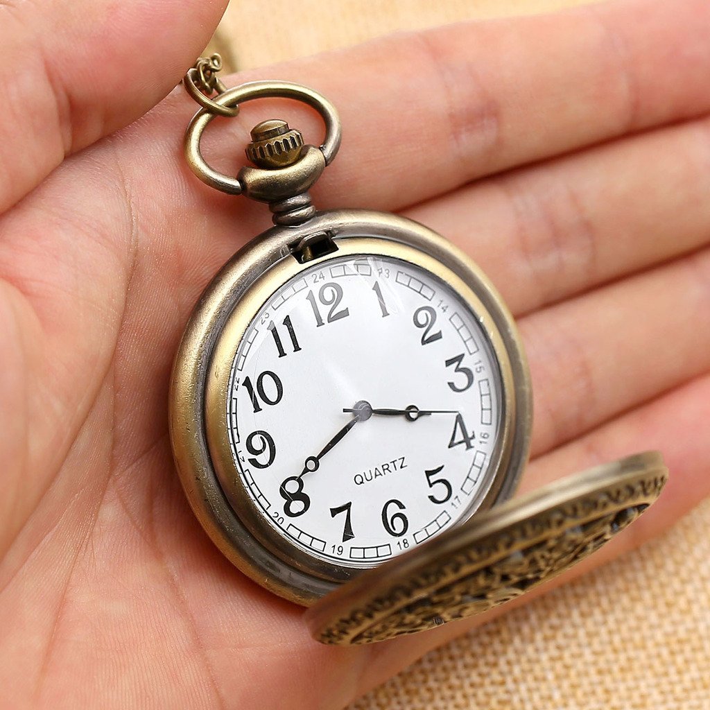 Top Plaza Vintage Bronze Antique Unisex Hollow Butterfly Carving Arabic Numeral Scale Quartz Pocket Watch with Chain