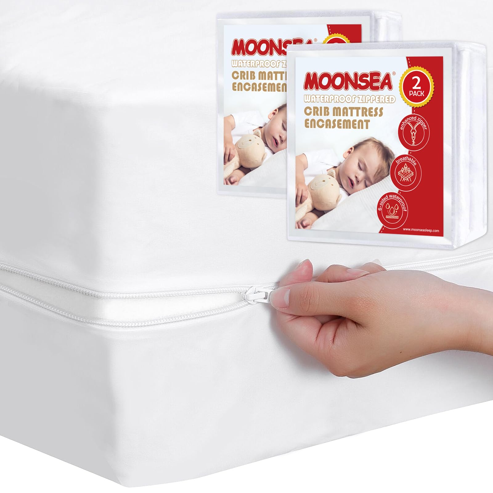 Photo 1 of Waterproof Crib Mattress Protector Zippered 2 Pack, 6-Side Waterproof Crib Mattress Encasement, Durable Zipper, Noiseless, 28'' X 52" X 6"