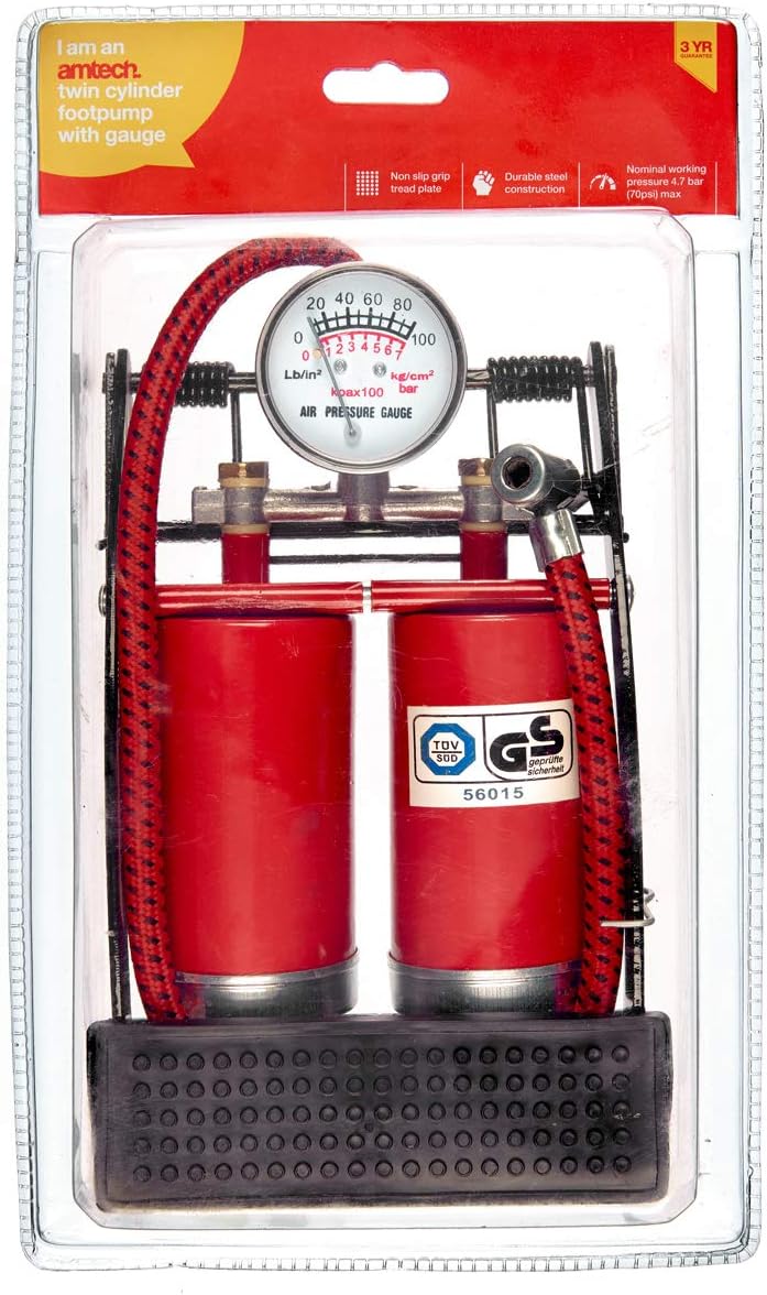 Amtech I9400 Double cylinder foot pump with gauge, Black & Red - Image 4
