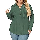 ROSRISS Plus Size Tops for Women Casual V Neck Hoodies Sweatshirts Fashion Ribbed Knit Shirts Loose Fit Long Sleeve Sweaters