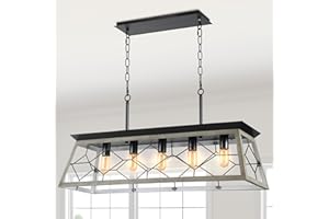 YITAHOME Farmhouse Rustic Chandelier Adjustable, 5 Lights Rectangular Island Pendant Light Fixtures for Dining Room, Kitchen, Living Room, Entryway, UL Listed, Oak