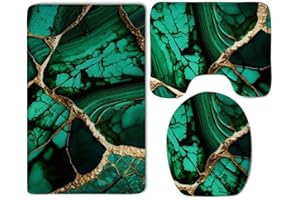 CWECVWE 3 Piece Bathroom Rug Set Emerald Green Marbled Gold Glitters Green Marble with Non-Slip Rug, Toilet Lid Cover and Absorbent Bath Mat, Washable Bathroom Floor Mats, Home Decor