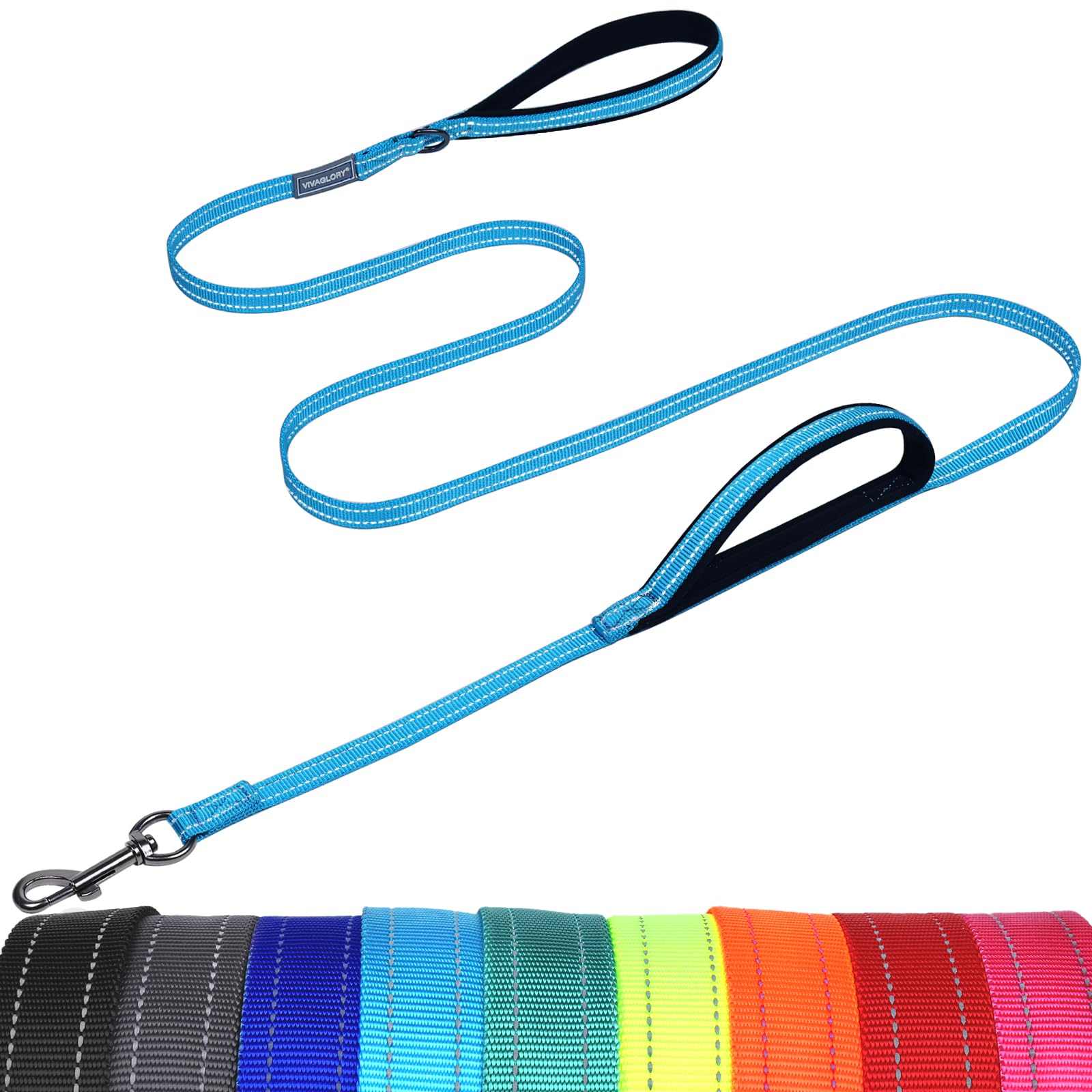 VIVAGLORY Dog Lead Twingrip Double Handle Dog Lead, Leash with Traffic Handle & 2 Loop for Walking & Training, Traffic Control Reflective Heavy Duty for Puppy Pet, 1.5m x 1.4cm, Lake Blue