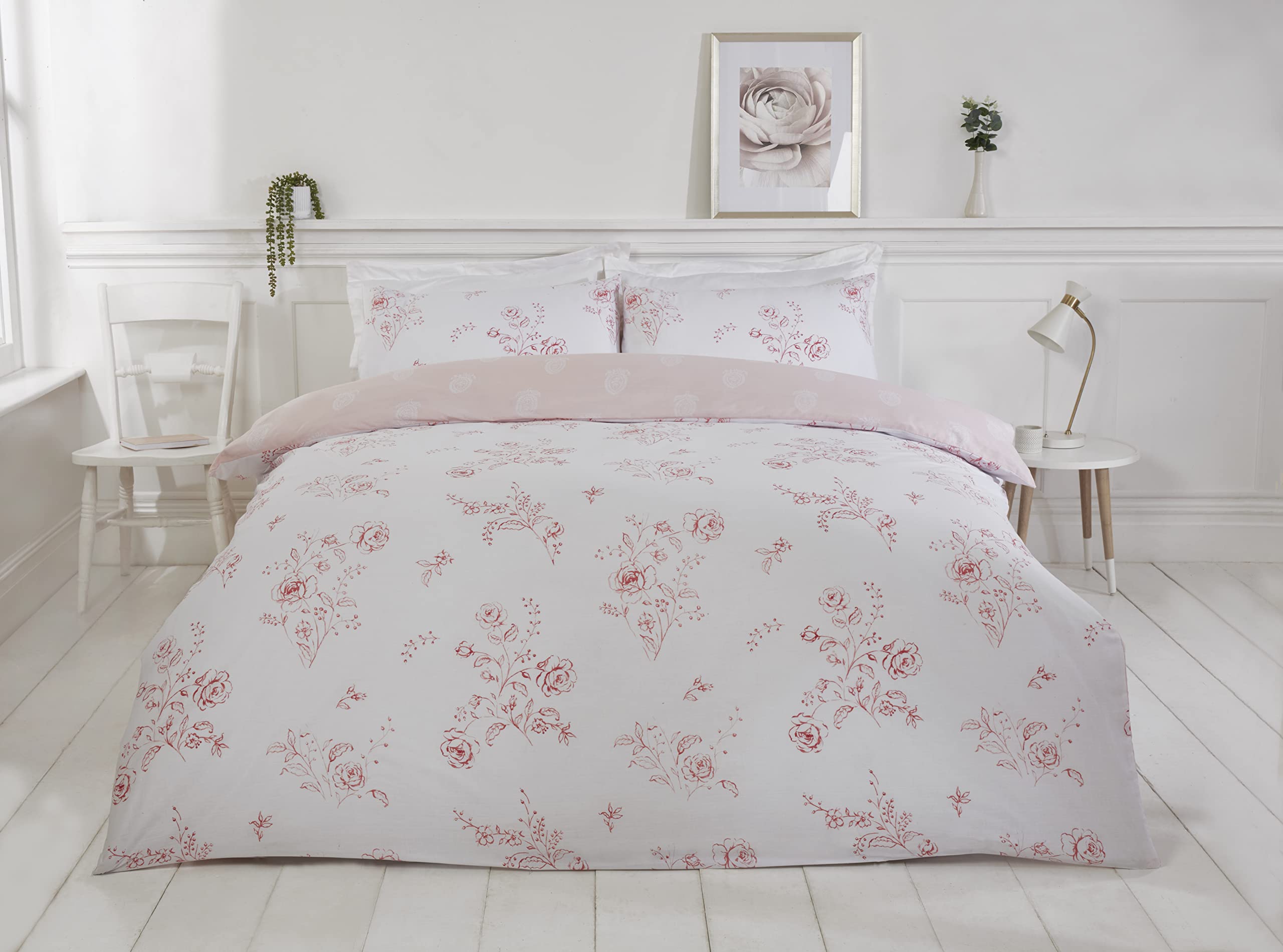 Rapport Home Pink Floral Duvet Cover Set - White Reversible Eco-Friendly Bedding Set - 3Pcs King Size Quilt Cover Featuring Roses and Paisley Motif