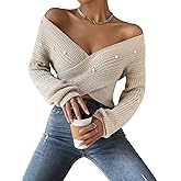 Women's Sexy Off-Shoulder Wrap Sweater V-Neck Long Sleeve Pearl Embellished Criss Cross Knit Cropped Pullover Top