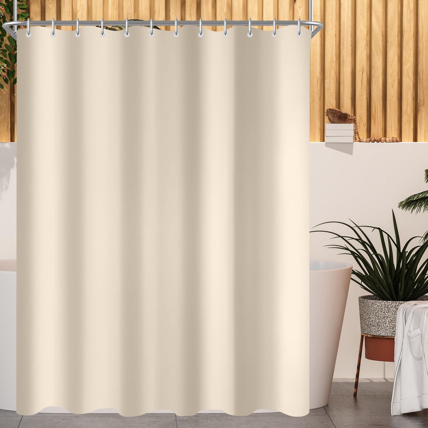 Lerores Shower Curtain 240 x 160 cm(94x63 inch) Beige, Weighted Hem Anti-Mold Textile, Water-Repellent, Washable Polyester Fabric Bath Curtain for Bathroom, Bathtub with 16 Shower Curtain Hooks