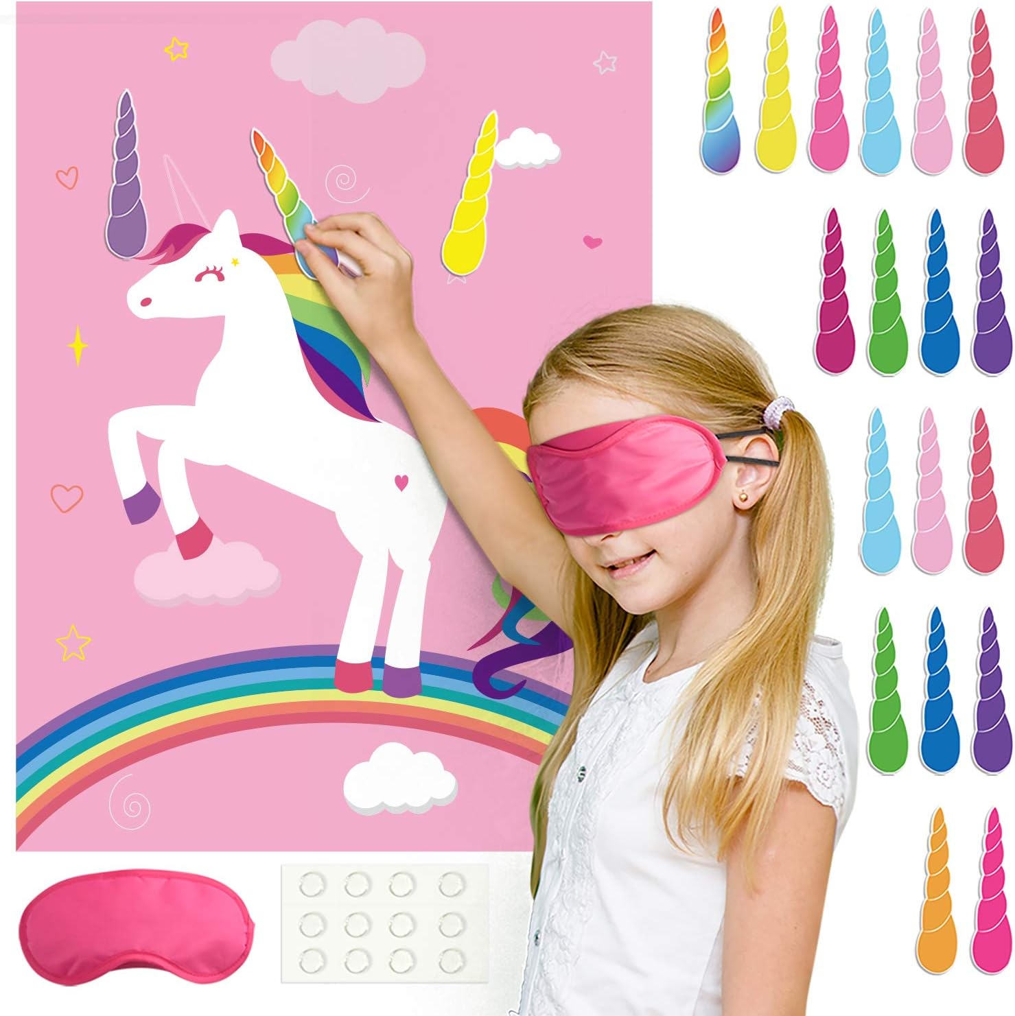 FEPITO Birthday Party Game for Kids Pin The Horn on Unicorn-game Poster with 24 Horn Stickers Pin The Tail Game for Girl Unicorn-Birthday Rainbow Party Favors Supplies Wall Home Room Decorations