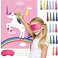 FEPITO Birthday Party Game for Kids Pin The Horn on Unicorn-Game Poster with 24 Horn Stickers Pin The Tail Game for Girl Unicorn-Birthday Rainbow Party Favors Supplies Wall Home Room Decorations