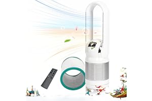 HEATIT Bladeless Fan with Remote and Air Purifier Tower Fan 80° Oscillating with 8 Speeds 8H Timer Air Circulator Fan HEPA Filter with PM 2.5 for Home Bedroom Kitchen and Office White