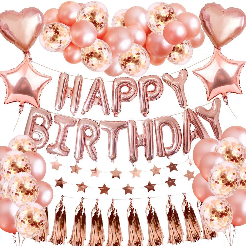 Rose Gold Birthday Balloons Decorations,Birthday Decoration Set for Girls,46pc Party Supply with Metallic Tinsel Champagne Banner Bunting Confetti Foil Balloons Star Garland for Kids Baby Girls Women