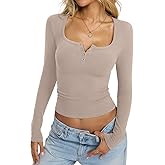 EasyGala Womens Cotton Long Sleeve Henley Shirts Sexy Square Neck Tops Slim Fit T-Shirt Trendy Outfits Fall Clothes 2026