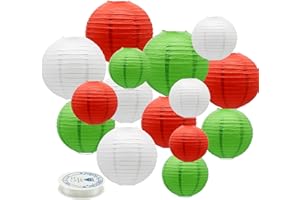 MEIDUO Paper Lanterns Party Decorations Red White Green - Hanging Paper Lanterns Indoor Outdoor - Christmas Fiesta Mexican Supplies Patrick's Day Decoration, 15pcs