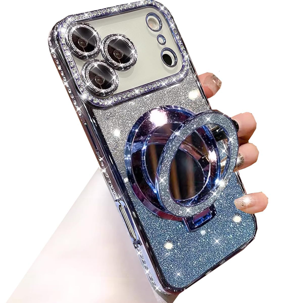 Changjia Magnetic Kickstand Glitter Case for iPhone 17 Pro,[Compatible with Magsafe] Cute Bling Sparkly Rhinestone with Camera Lens Protector&Makeup Mirror Women Girls Case for iPhone 17 Pro 6.3",Blue