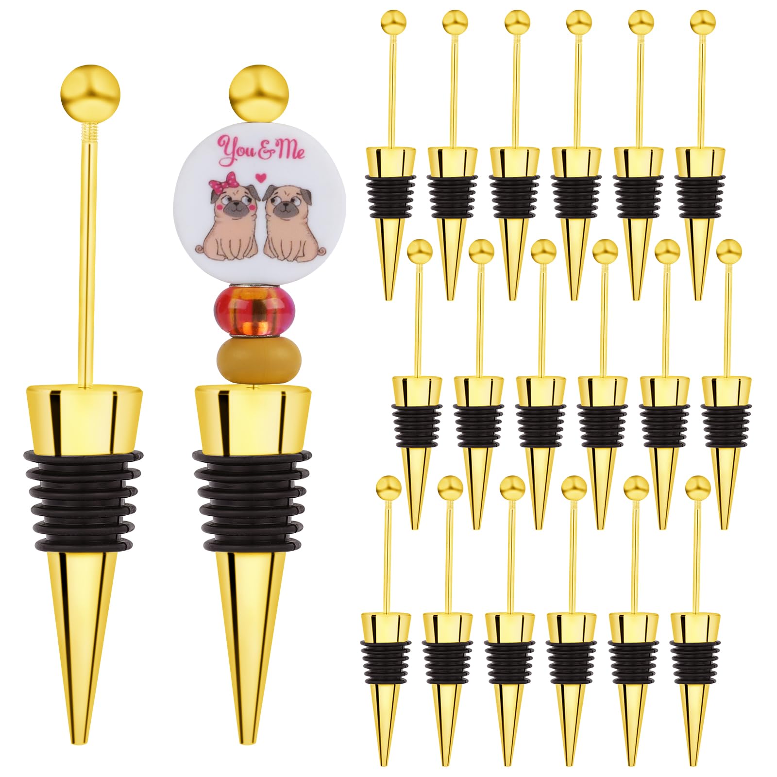 WEWAYSMILE 18pcs Beadable Wine Stoppers, Beaded Wine Bottle Stopper, DIY Beaded Wine Stopper, for DIY Beverage Gift Holiday Party Wedding Bar Accessories (Gold)