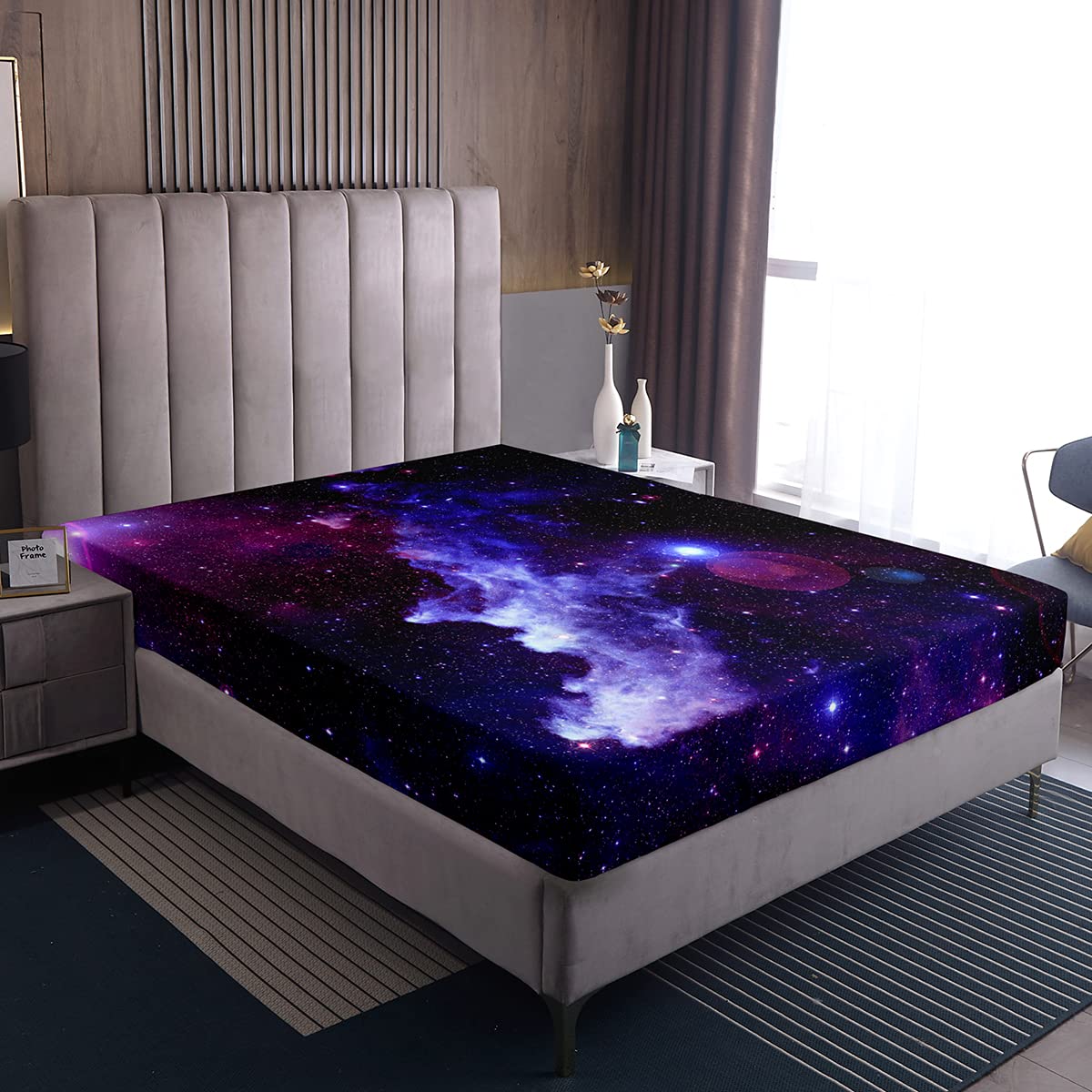 Loussiesd Galaxy Fitted Sheet 100% Microfiber Breathable Starry Sky Only Bedsheet No Pillowcases Fitted Sheets Luxury Outer Space Themed Single Size(90 x 190+30cm) — image 1