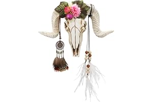 ALIKIKI Animal Skull Head Decor - 3D DIY Flower Sheep Head Wall Hanging - Boho Chic Decor Faux Taxidermy Ram Sheep Head Wall Mount w/Dreamcatcher Feather for Bedroom Living Room 21pcs