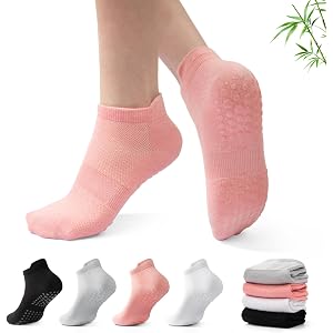 CoBambooton Pilates Socks With Grips for Women Bamboo Non Slip Grippy Socks for Yoga Barre Gym Home Studio Workout 4 Pairs