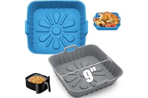 REY&SHAW 9 inch Large Silicone Air fryer Basket Square liners- 2 PCS Reusable Air Fryer Silicone Pot Food-grade Non-stick Air Fryer Baking Tray for Oven Accessories 6 to 9QT (Blue+Grey)