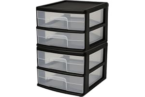 HOMZ 2-Pack 2-Drawer Storage Cart, Clear Plastic Drawers, 14.25" Wide Medium, Black Frame - Organizing Drawer Containers for Home, Bathroom, Bedroom, Office, and Classroom