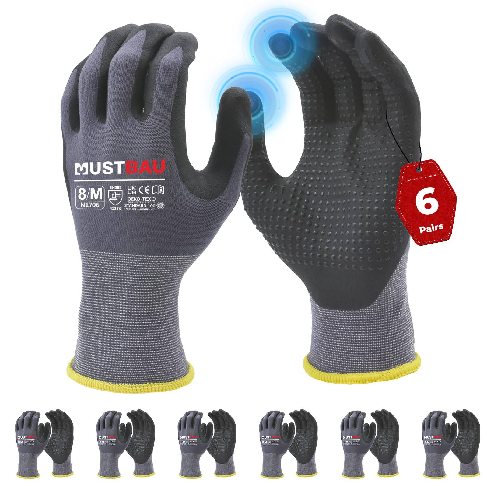 Mustbau 6 Pairs Safety Work Gloves Breathable Nitrile Coated Gloves,Knit Nylon Protective Gloves,Abrasion,Dexterity, Touch Screen, for Most Kinds of Jobs-M