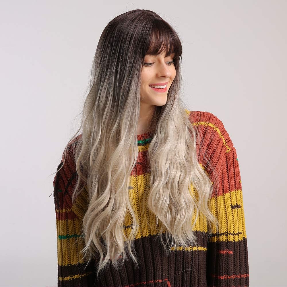 Brown Natural Long Wavy Wig GLAMADOR Women's Synthetic Wig with Bangs,Long Fluffy Wavy Hair,Glueless Natural Full Wigs Heat Resistant Fashion Synthetic Cosplay Halloween Dress Party Wigs 26''