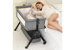 Foalom 3 in 1 Baby Bassinet, Bedside Sleeper with Storage Basket and Wheels, Bedside Crib for Baby, Adjustable and Movable Baby Cradle with Mosquito Nets, Easy Folding Baby Bed (Grey)